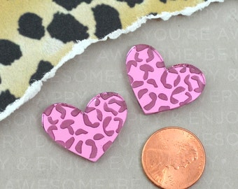 LARGE LEOPARD HEART Cabs - Set of 2 PInk Mirror Cabochons in Laser Cut Acrylic