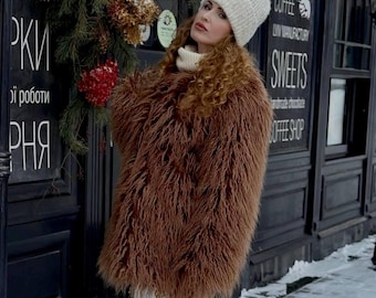 Giacca mongola in pelliccia sintetica marrone a pelo lungo – Cappotto invernale boho soffice