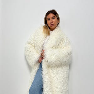 Shaggy Long Coat , White Faux Fur , Mongolian Fur , fluffy white fur coat / Avant-garde clothing , burning man clothing men