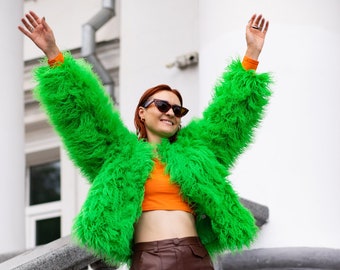 Green Shaggy Fur Jacket, Christmas Coquette Coat - Etsy