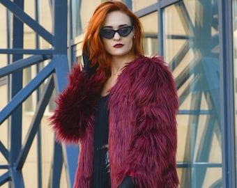 Dark red shaggy faux fur coat cropped for a punk/vintage look - a fall holiday gift. bomber jacket \ fursuit