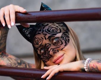 Maschera da gatto in pizzo nero con orecchie, maschera sexy per feste in maschera