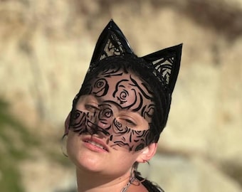 Lencería de encaje seductora de Catwoman, orejas de látex: la máscara de gato negro perfecta para Halloween, fiestas, cosplay y noches divertidas.