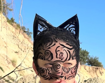 Maschera da gatto in pizzo con cerchietto con orecchie da gatto - Accessorio per costume da Catwoman nera, maschera da cosplay in lingerie da travestimento per Halloween e feste di cosplay