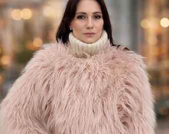 Cappotto in pelliccia sintetica mongola rosa cipria: giacca in stile boho vintage pelosa