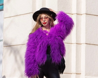 Short coat - Avant-garde clothing, shaggy fur coat made of artificial llama fur, Mongolian fur, purple rave cloa | fursuit