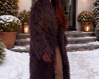 Cappotto in pelliccia sintetica mongola marrone: giacca invernale lunga e folta in stile lama