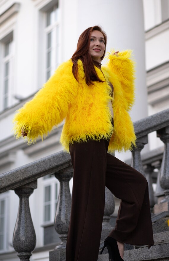Yellow Faux Fur Coat, Avant-garde Shaggy Jacket, Mongolian Sheep