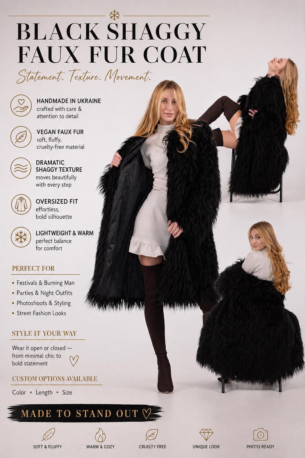Black Faux Fur Long Shaggy Coat | Extravagant Vintage Overcoat - Etsy