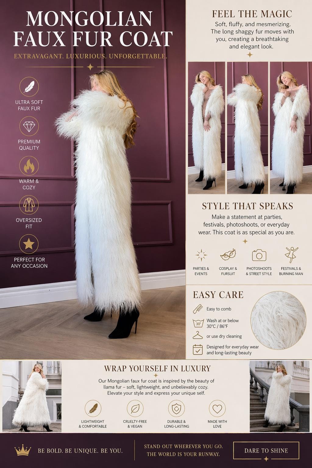 White Faux Fur Mongolian Coat, Shaggy Longline Outerwear - Etsy Canada