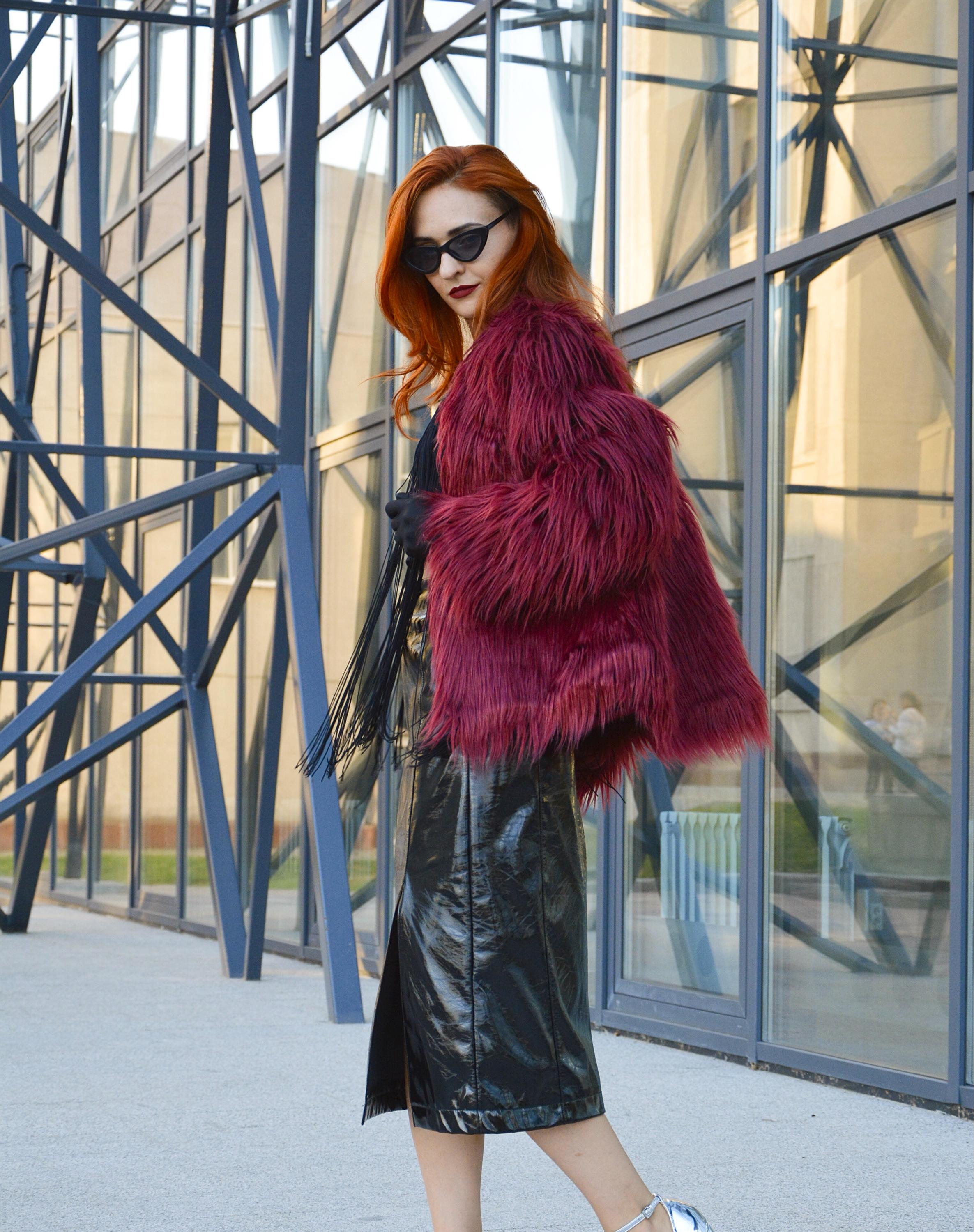 Dark Red Shaggy Faux Fur Coat Cropped for a Punk/vintage Look - a