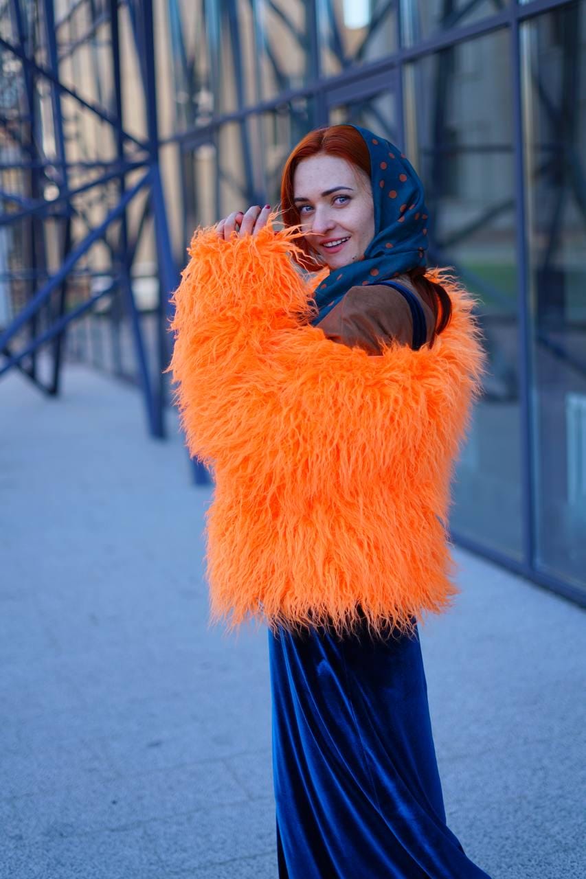 Shaggy Orange Jacket, Vegan Coat, Sweater. Fluffy Mongolian