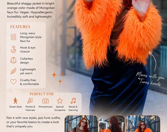 毛足の長いオレンジ色のフェイクファージャケット、ビーガン