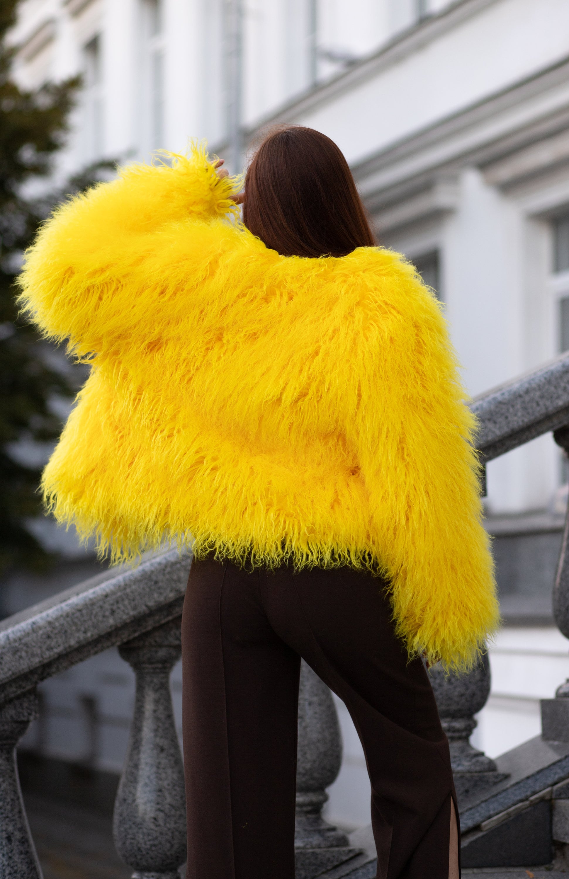 Аvant-garde Style, Shaggy Bright Fur Coat Made of Faux Fur Lama