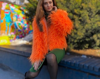 Giacca arancione pelosa - Galentine Gift, cappotto vegano, maglione. Cappotto/tuta in pelliccia sintetica mongola soffice, uomo Burning Man