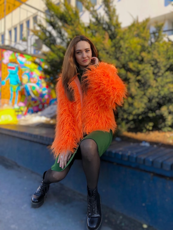 Shaggy Orange Jacket - Galentine Gift, Vegan Coat, Sweater. Fluffy