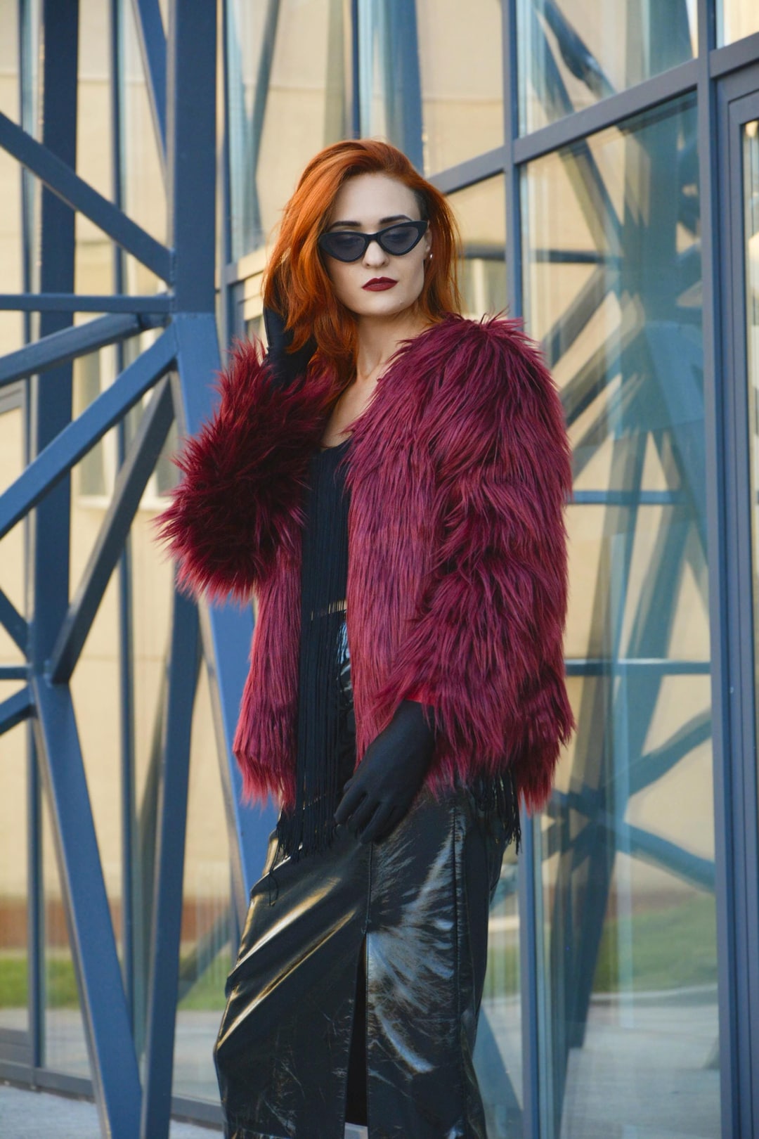 Dark Red Shaggy Faux Fur Coat Cropped for a Punk/vintage Look - a