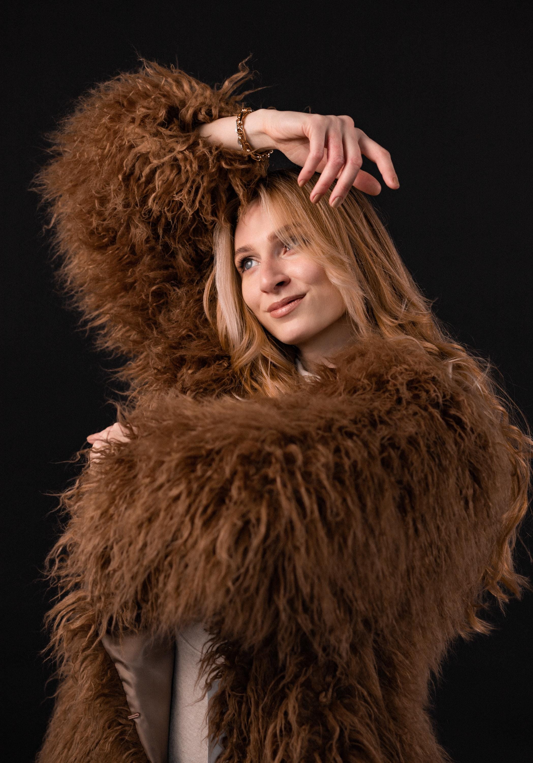 Shaggy Fur Coat , Brown , Short . Mongolian Faux Fur Jacket Shaggy Fur Coat , Brown , Short . Mongolian Faux Fur Jacket