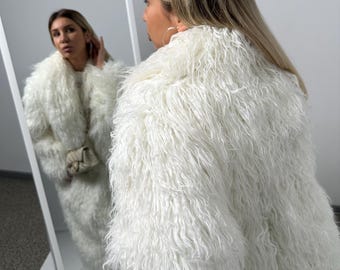 Long Coat Shaggy  , White Faux Fur , Mongolian Fur , fluffy white fur coat / Avant-garde clothing , burning man clothing men