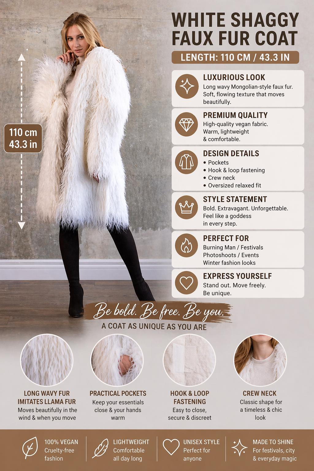 White Faux Mongolian Fur Long Coat, Avant-garde Burning Man