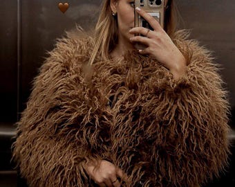 Shaggy fur coat , brown , short . Mongolian faux fur jacket / fluffy sweater