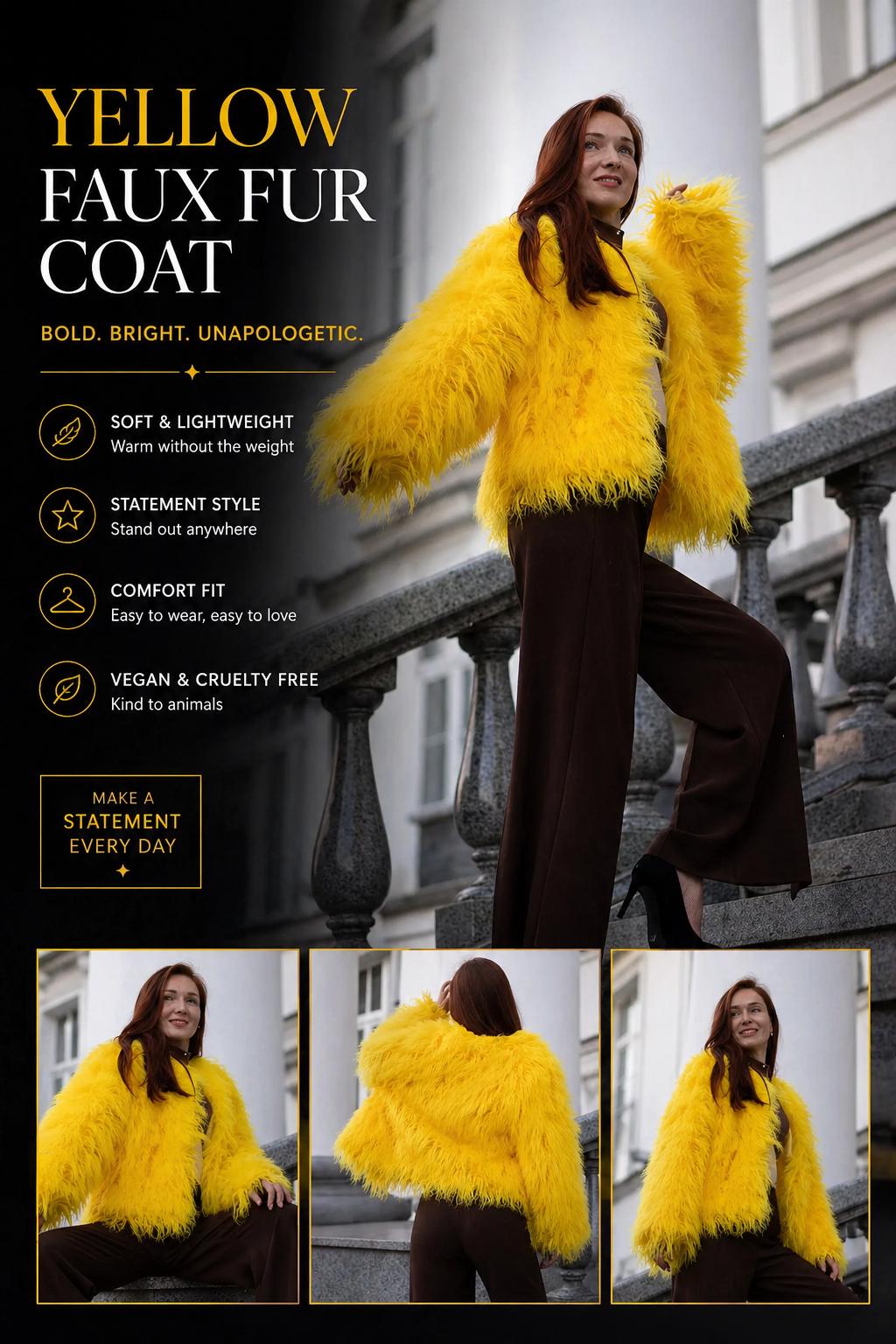 Yellow Faux Fur Coat, Avant-garde Shaggy Jacket, Mongolian Sheep
