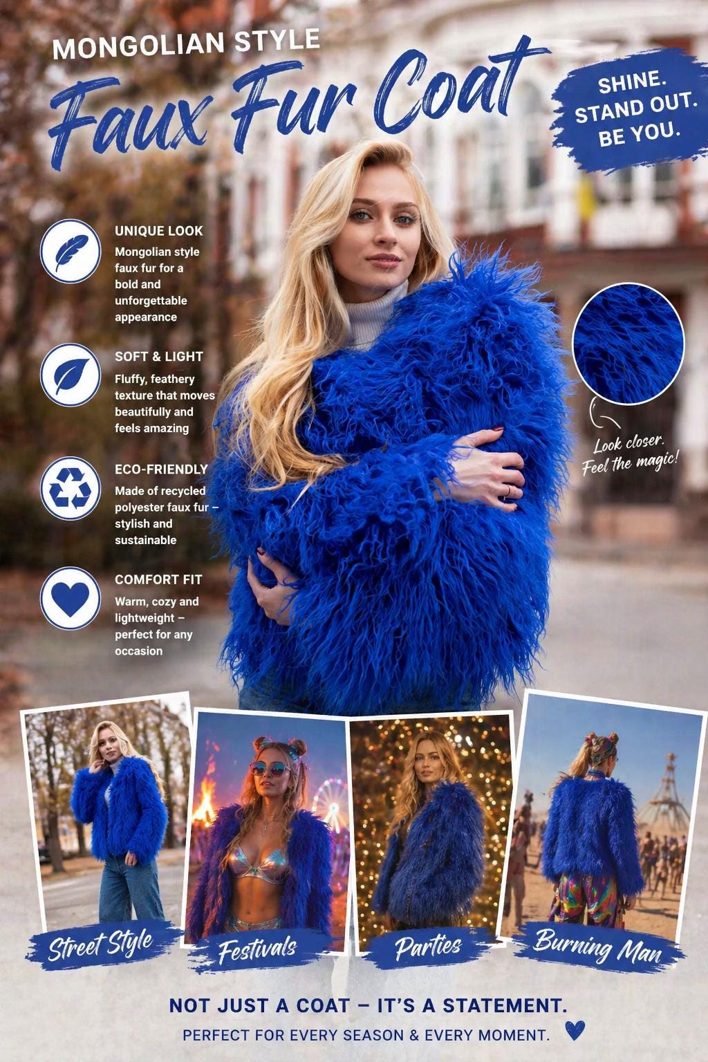 Blue Mongolian Faux Fur Coat | Burning Man Jacket - Etsy