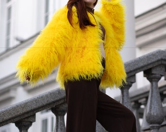Yellow Faux Fur Coat, Avant-garde Shaggy Jacket, Mongolian Sheep