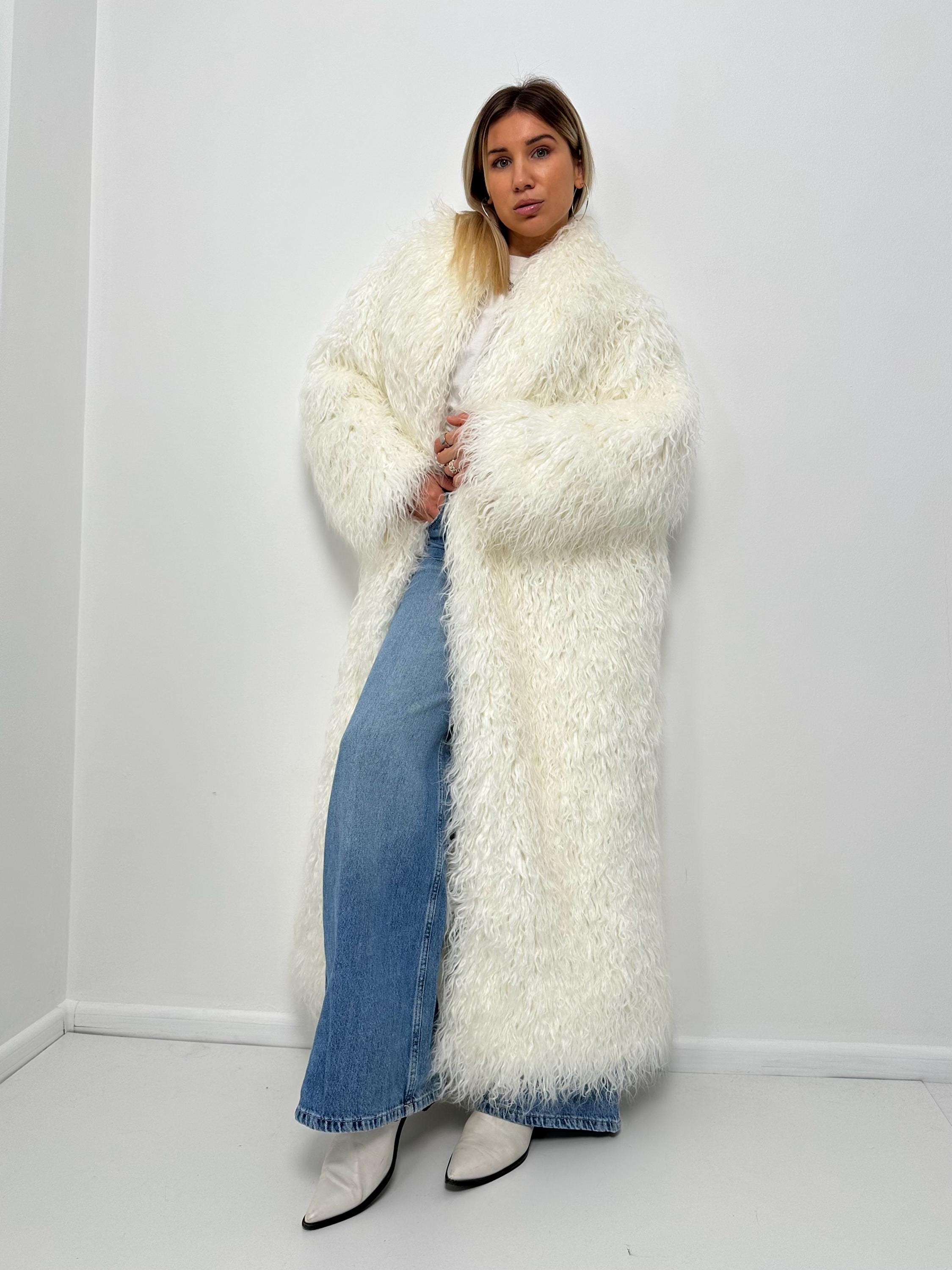 Shaggy Long Coat , White Faux Fur , Mongolian Fur , Fluffy White