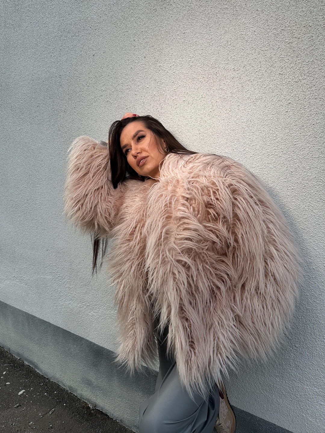 Vintage Mongolian Fur Coat, Faux Fur Jacket With Olive Green