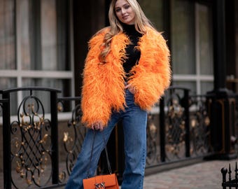rave outfit \ orange jacket , game day outfit , merry and bright , merry bright shirt , faux fur coat , cardigan sweater \ fluffy cardigan