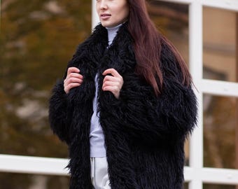 ロングフェイクファーコート（黒、男女兼用）、モンゴルファーコート
