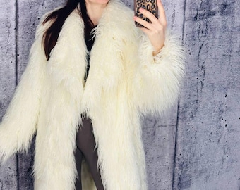Ropa extravagante, abrigo de piel de llama, abrigo largo de piel sintética peluda color blanco, abrigo de piel mongol talla grande / abrigo de piel vintage \ vintage