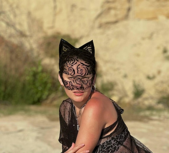 Becellen 3 Pezzi Accessori Costume Gatto, Nero Veneziana Maschera Cerchietto Orecchie Gatto Pizzo Guanti Lunghi Senza Dita per Festa Costume e Cosplay