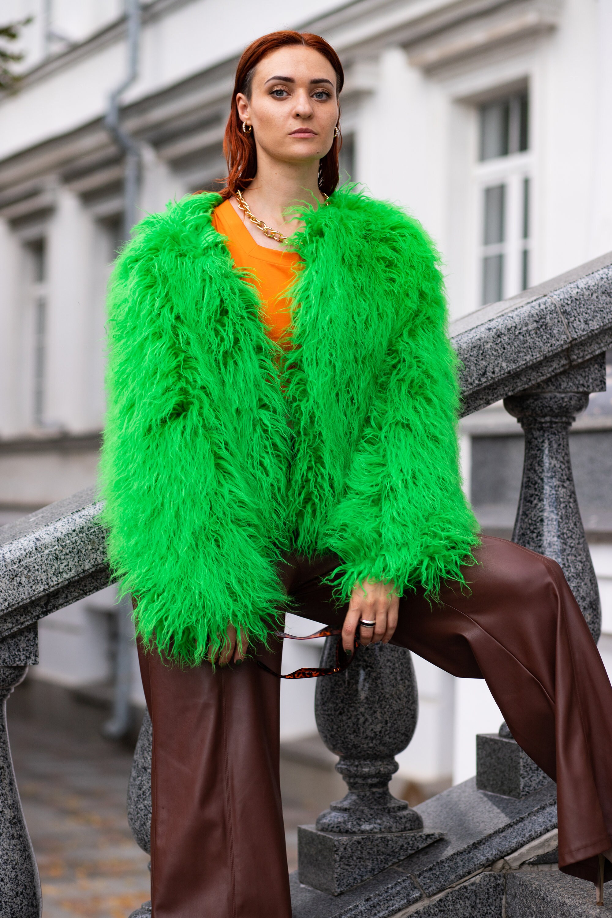 Green Fur Coat , Shaggy Jacket . Mongolian Coat | Christmas