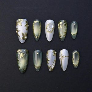 Forest Fairy nails/Golden leaves nails/Elegant fake nails/Green cat eye nails/White acrylic nails/Pearl gel nails/3D nail art/Wedding/Almond