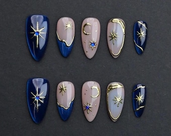 Himmlische Acrylnägel, Marineblau Mond und Sterne Nägel, Astrologie Nagel-Set, Gold Starburst Design, Luxus Mandel Nägel, handgemachte falsche Nägel
