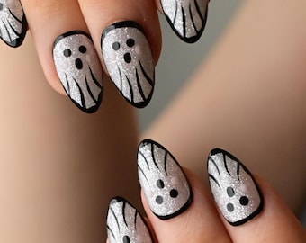 Ghost Press On Nails, Halloween Nails, Cute Ghost Nail Art, Silver Glitter Nails, Spooky Nails, Black White Nails, Reusable Fake Nails