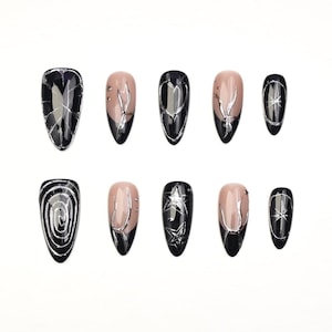 Flüssige Metallnägel/Silber Acrylnägel/Herz Acrylnägel/Schwarze french Nägel/Y2k Kpop Gelnägel/Chrome Nailart/Gyaru Fake Nägel/Swirl/Almond