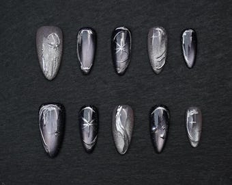 Mystery witchy nails/Silver cat eye nails/Gothic gel nails/Black press ons/Moon&star fake nails/Emo acrylic nails/Chrome nails/aurora/Almond