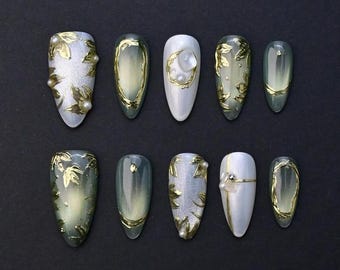 Forest Fairy nails/Golden leaves nails/Elegant fake nails/Green cat eye nails/White acrylic nails/Pearl gel nails/3D nail art/Wedding/Almond