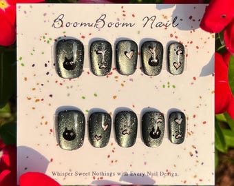 Black kitty nails/Cat press ons/Cute gel nails/Pink Cat paw fake nails/Silver Cat eye acrylic nails/Aurora Gyaru nails/fantasy nails/Squoval