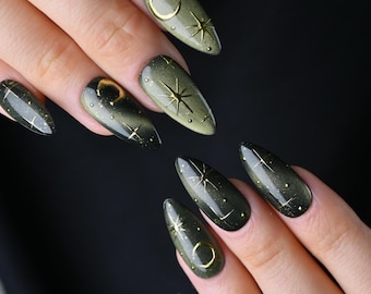 Witchy Celestial Acrylic Nails, Gold Moon Star Fake Nails, Handmade Astrology Nails, Green Cat Eye Gel Nails, Ombre False Nails, Almond Nail