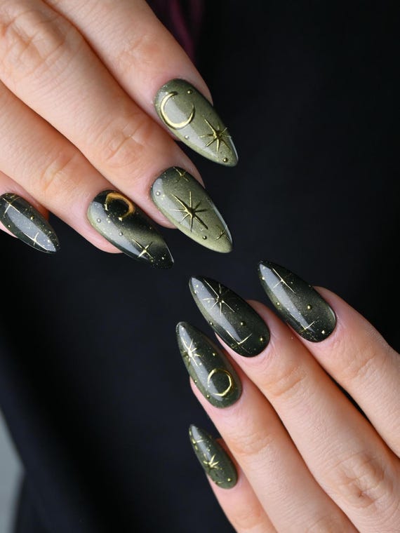 Witchy Celestial Acrylic Nails, Gold Moon Star Fake Nails, Handmade Astrology Nails, Green Cat Eye Gel Nails, Ombre False Nails, Almond Nail