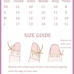 Puede incluir: Tabla de tallas de u&ntilde;as en mil&iacute;metros con medidas para el pulgar, el &iacute;ndice, el medio, el anular y el me&ntilde;ique. La tabla muestra las tallas XS, S, M y L. Un diagrama muestra c&oacute;mo medir la parte m&aacute;s ancha de la superficie de la u&ntilde;a.