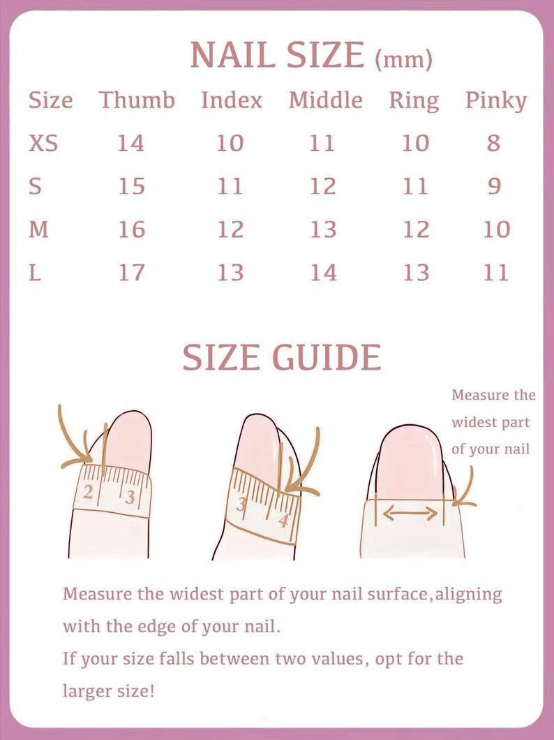 Puede incluir: Tabla de tallas de u&ntilde;as en mil&iacute;metros con medidas para el pulgar, el &iacute;ndice, el medio, el anular y el me&ntilde;ique. La tabla muestra las tallas XS, S, M y L. Un diagrama muestra c&oacute;mo medir la parte m&aacute;s ancha de la superficie de la u&ntilde;a.