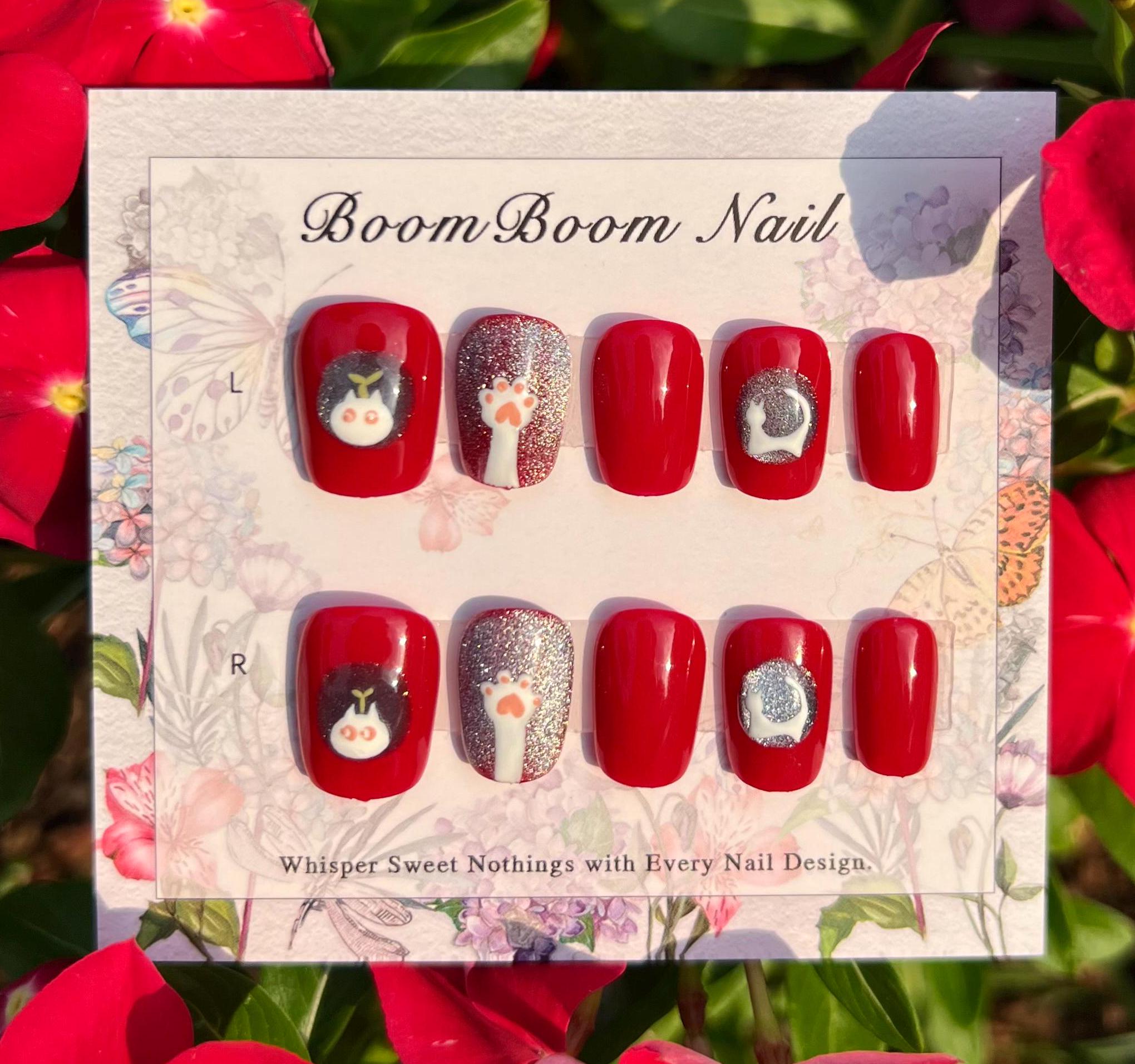 White kitty nails/Cat press on nails/Cute red gel nails/Pink cat paw fake nails/Pet acrylic nails/Silver cat eye manicure/Unique fancy nails