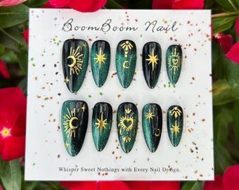 Deep green cat eye nails/Gold star & moon press on nails/Gothic gel nails/Black fake nails/Sparkle acrylic nails/Unique manicure/Chrome Nail