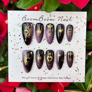 Deep purple cat eye nails/Gold star & moon press on nails/Gothic gel nails/Black fake nails/Sparkle acrylic nail/Celestial nails/Chrome Nail