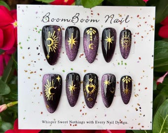 Deep purple cat eye nails/Gold star & moon press on nails/Gothic gel nails/Black fake nails/Sparkle acrylic nail/Celestial nails/Chrome Nail